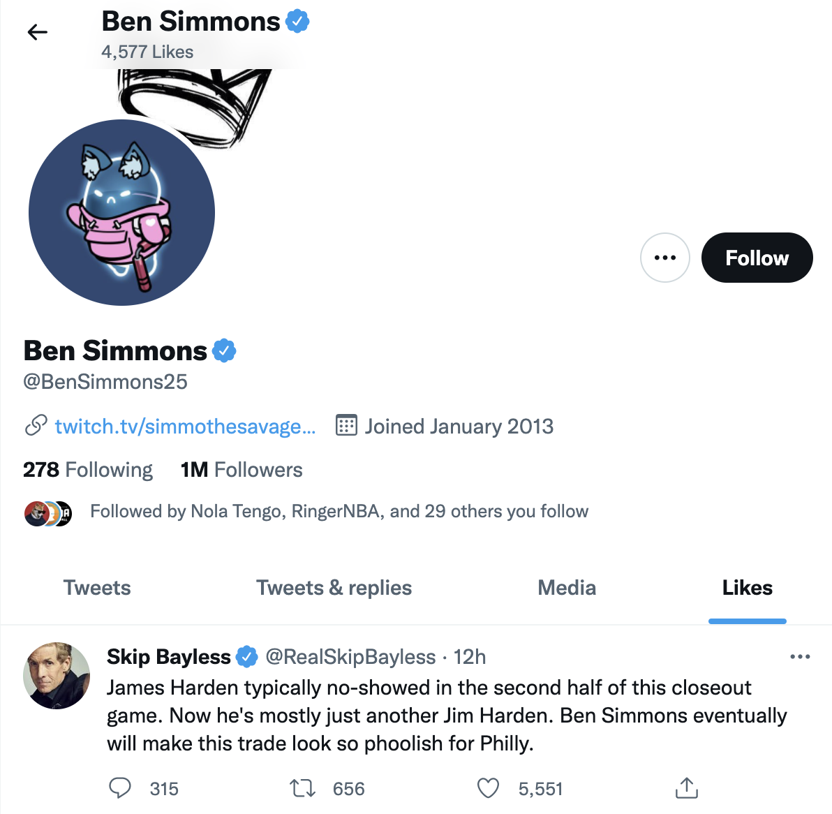 Ben Simmons seemed to enjoy James Harden's struggles in Thursday's game. (Screengrab via Twitter)