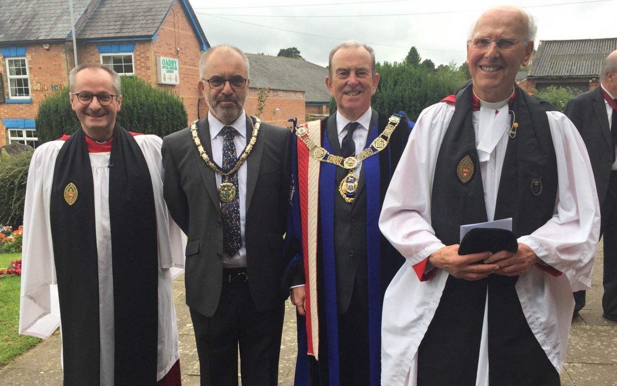 The Very Revd Derek Hole, far right, and the Venerable Tim Stratford, Archdeacon of Leicester, far left, with local dignitaries after the Framework Knitters' annual service at St Peter’s Church, Oadby - Peter White