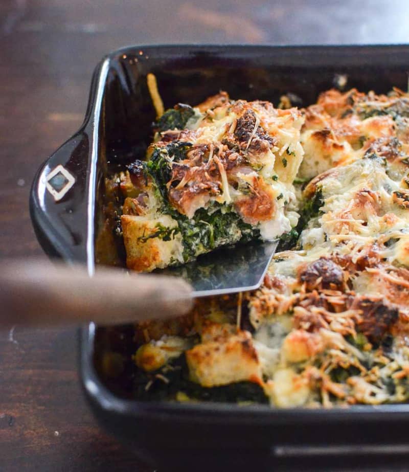 Savory Bread Pudding with Spinach, Chèvre, Smoked Ham