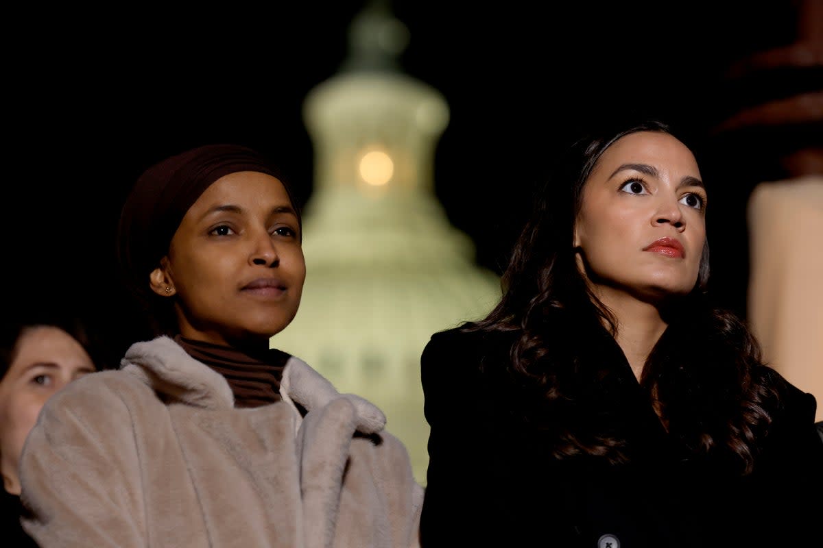 WASHINGTON, DC - NOVEMBER 13: (L-R) U.S. Rep. Ilhan Omar (D-MN) and Alexandria Ocasio-Cortez (D-NY) listen during a news conference calling for a ceasefire in Gaza outside the U.S. Capitol building on November 13, 2023 in Washington, DC. House Democrats held the news conference alongside rabbis with the activist group Jewish Voices for Peace. (Photo by Anna Moneymaker/Getty Images) (Getty Images)