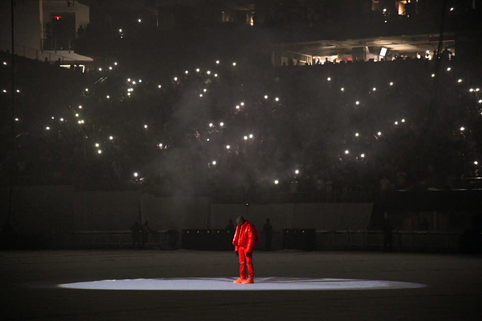 Kanye West premieres his 'Donda' album at a listening event in Atlanta, Georgia, on July 22, 2021.