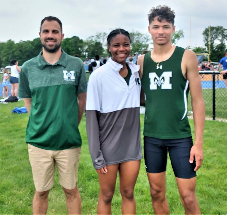 Madison coach Andrew Saris with three-event regional qualifier Alexsia Davis and double district champ Isaac Brooks.