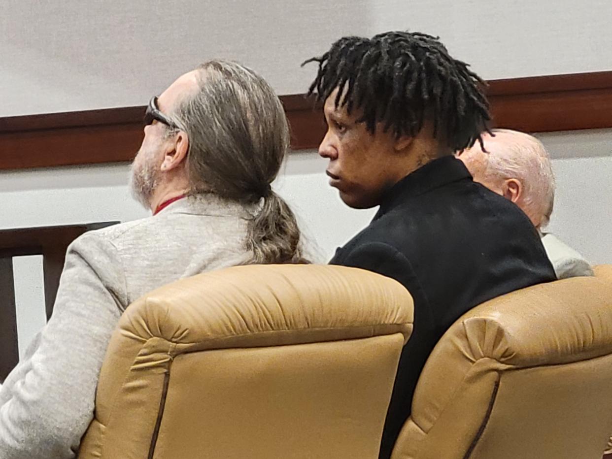 Andre Bivins, right, and his attorney, John Edward Eagen, listen as the verdict is read. Jurors deliberated 25 minutes before finding Bivins guilty in the March 2019 death of Edward Ross of Panama City Beach.