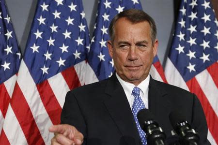 U.S. House Speaker John Boehner (R-OH) calls on a reporter during a news conference at the Republican National Committee offices on Capitol Hill in Washington October 23, 2013. REUTERS/Jonathan Ernst