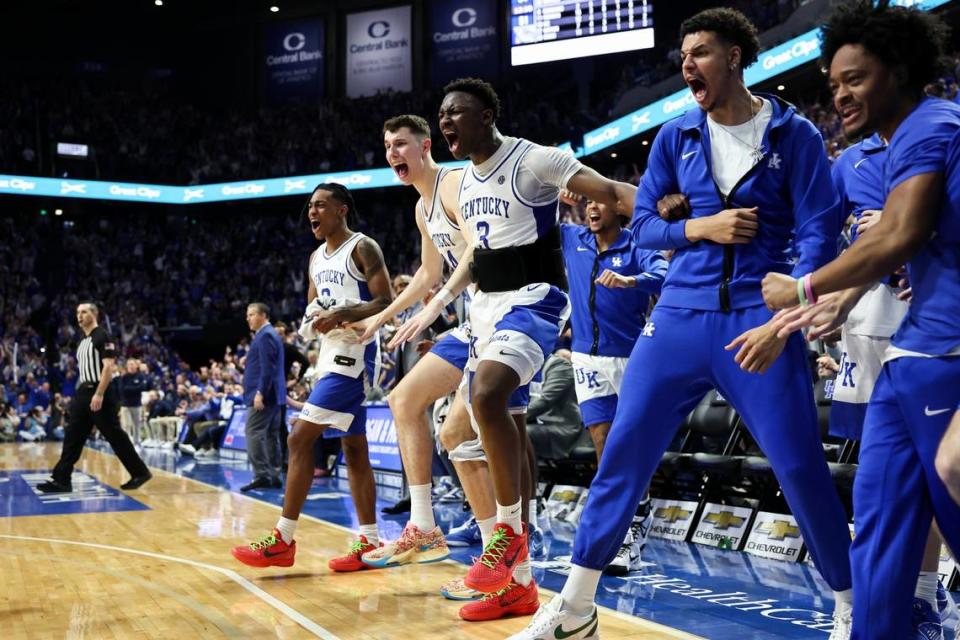 The Kentucky bench celebrates a score against Gonzaga during Saturday’s game at Rupp Arena.