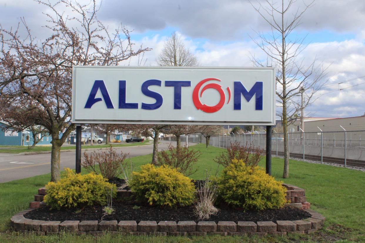 The entrance to the Alstom campus on Transit Drive in Hornell, N.Y.