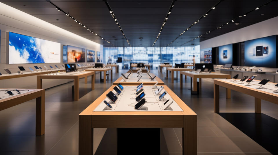 The interior of a high-end retail store showcasing the company's mobile devices and point of sale devices.