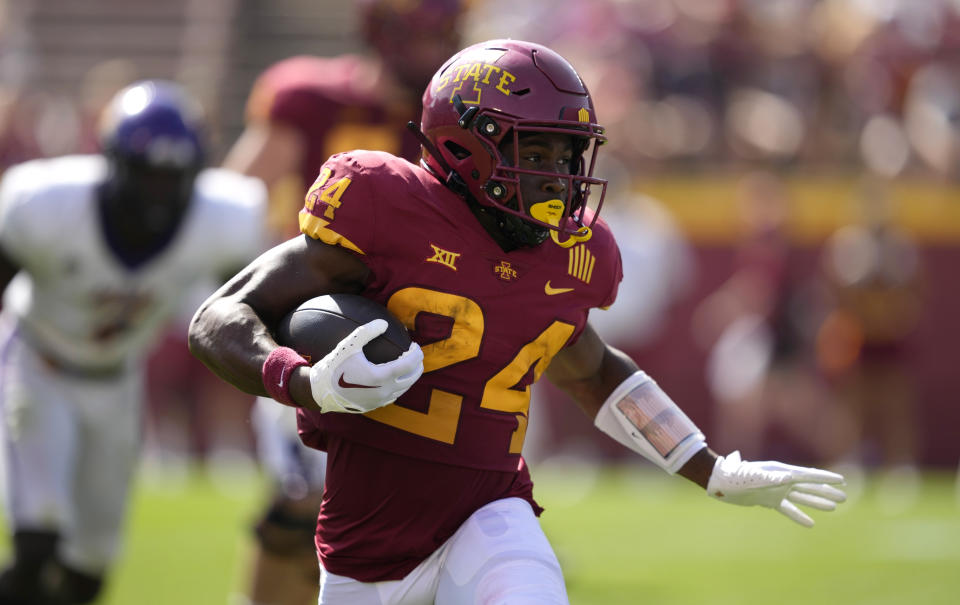 Iowa State running back Abu Sama III (24) runs the ball against Northern Iowa during the second half of an NCAA college football game, Saturday, Sept. 2, 2023, in Ames, Iowa. Iowa State won 30-9. (AP Photo/Matthew Putney)