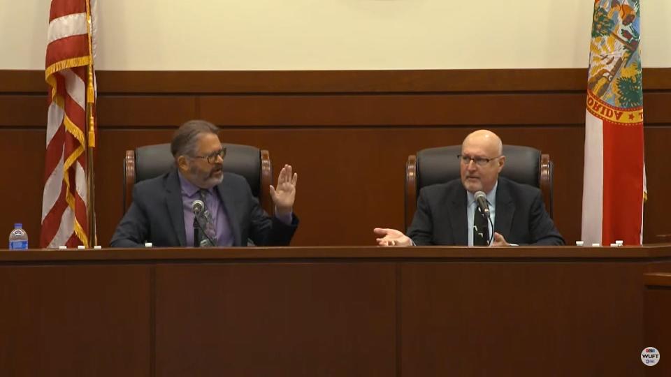 Gainesville mayoral candidates Harvey Ward and Ed Bielarski debate while answering questions at a debate held on the University of Florida campus and hosted by The Gainesville Sun and WUFT.