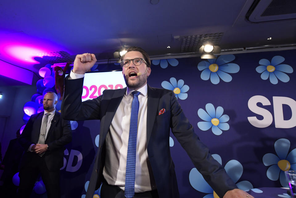 Sweden Democrats party leader Jimmie Åkesson speaks at the election party in Stockholm, Sweden, Sunday, Sept. 9, 2018. Returns reported by the Scandinavian country's election commission showed the Sweden Democrats placing third in the parliamentary election held Sunday. Addressing supporters after more than four-fifths of ballots were counted, Akesson said the victory was in the number of seats the party gained in the national assembly, the Riksdagen.(Anders Wiklund /TT via AP)