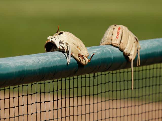 Gloves sit on top of a softball fence