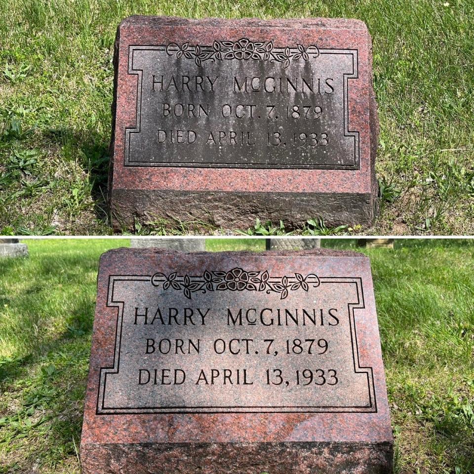 Before and after photos of Harry McGinnis' gravestone at the Deepwood Cemetery in Nevada, Missouri. McGinnis was a police detective killed by the Bonnie and Clyde gang on April 13, 1933. Polk County resident Ron Hutcheson cleaned the gravestone in time for the 90th anniversary of McGinnis' death.