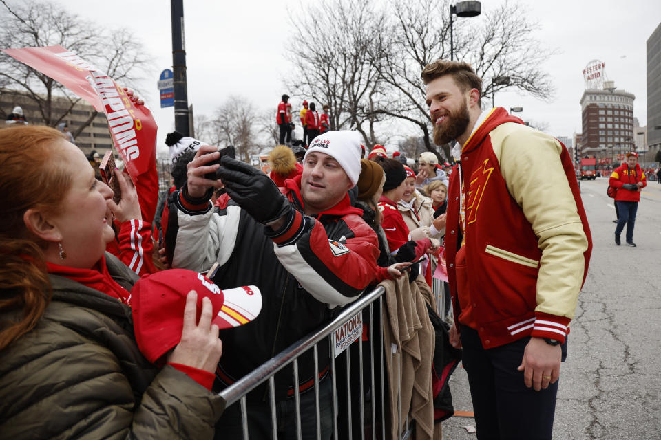 Kansas City Chiefs place kicker Harrison Butker meets with fans during the NFL team's victory celebration and parade in Kansas City, Mo., Wednesday, Feb. 15, 2023, following the Chiefs' win over the Philadelphia Eagles Sunday in the NFL Super Bowl 57 football game. (AP Photo/Colin E. Braley)