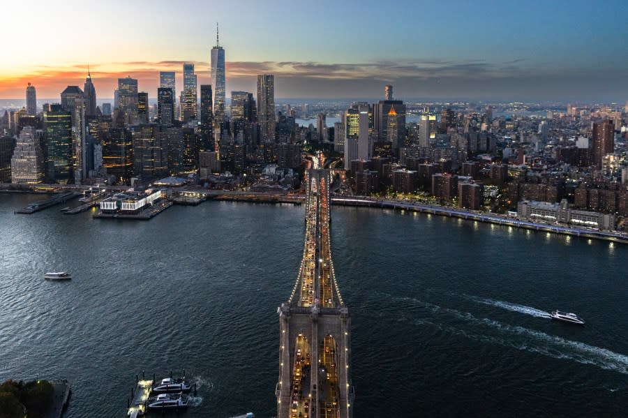 An aerial view of downtown Manhattan with the Brooklyn Bridge on Nov. 03, 2023 in New York City. (Photo by Craig T Fruchtman /Getty Images)