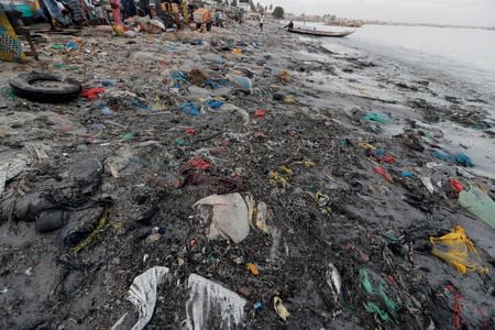FILE PHOTO: Plastic waste is seen at a fishermen's port on the outskirts of Dakar, Senegal