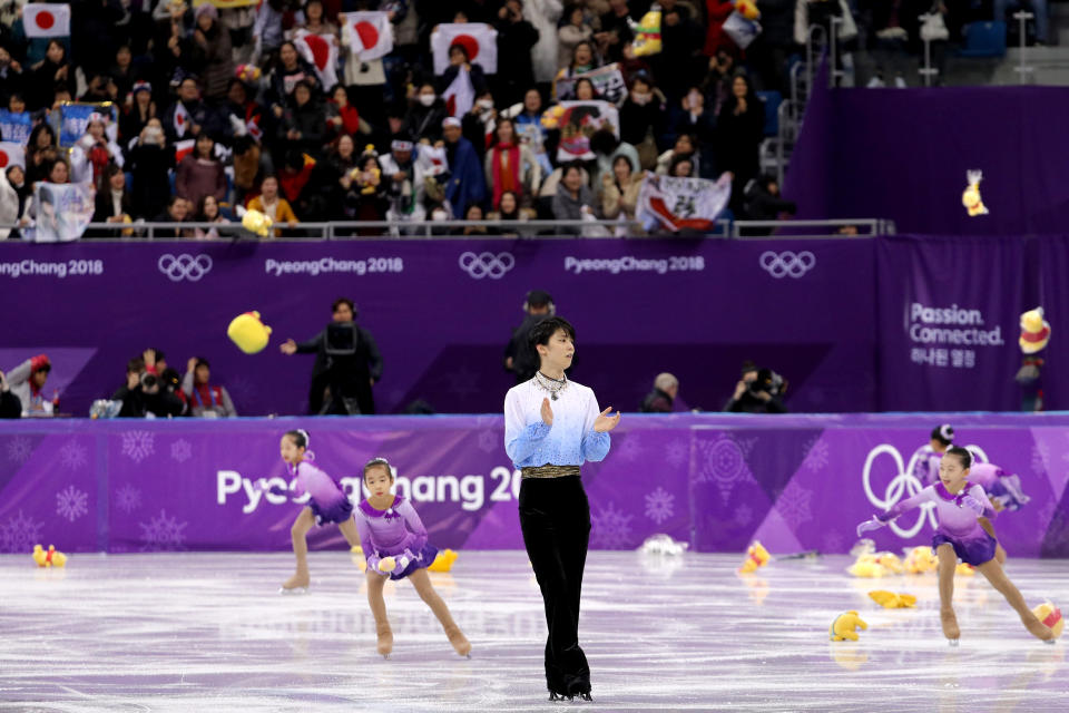 Yazuru Hanyu after the Men’s Single Skating Short Program at Gangneung Ice Arena on February 16, 2018 in Gangneung, South Korea.