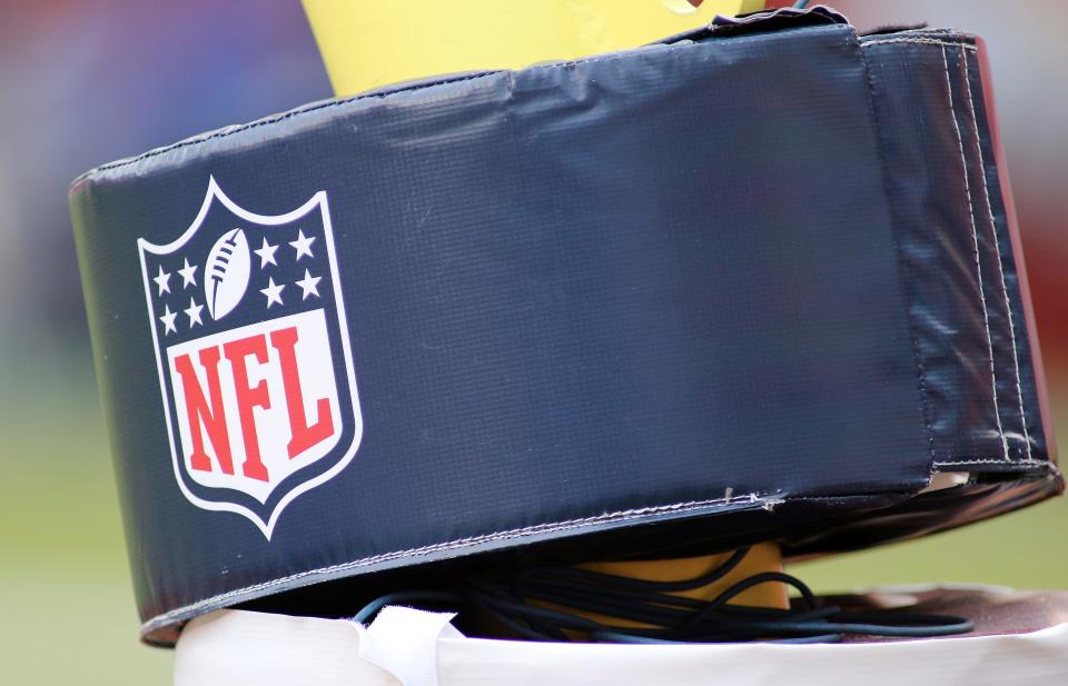 A close up an NFL football logo on a goalpost during an NFL football game between the Los Angeles Rams and Washington Football Team, Sunday, Oct. 11, 2020 in Landover, Md.