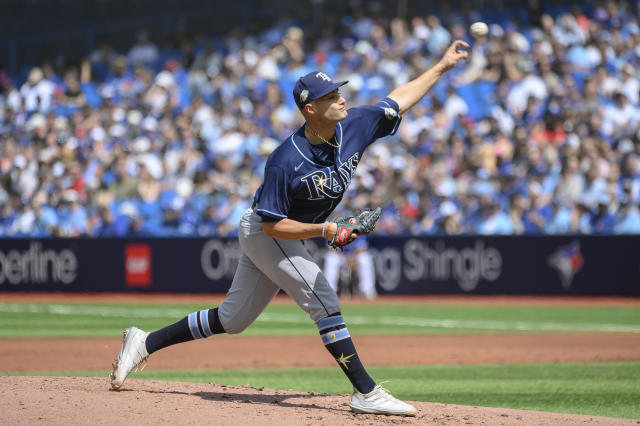 April 14, 2023, TORONTO, ON, CANADA: Tampa Bay Rays' Wander Franco (5)  walks off the field after flying out during eighth inning MLB baseball  action against the Toronto Blue Jays, in Toronto