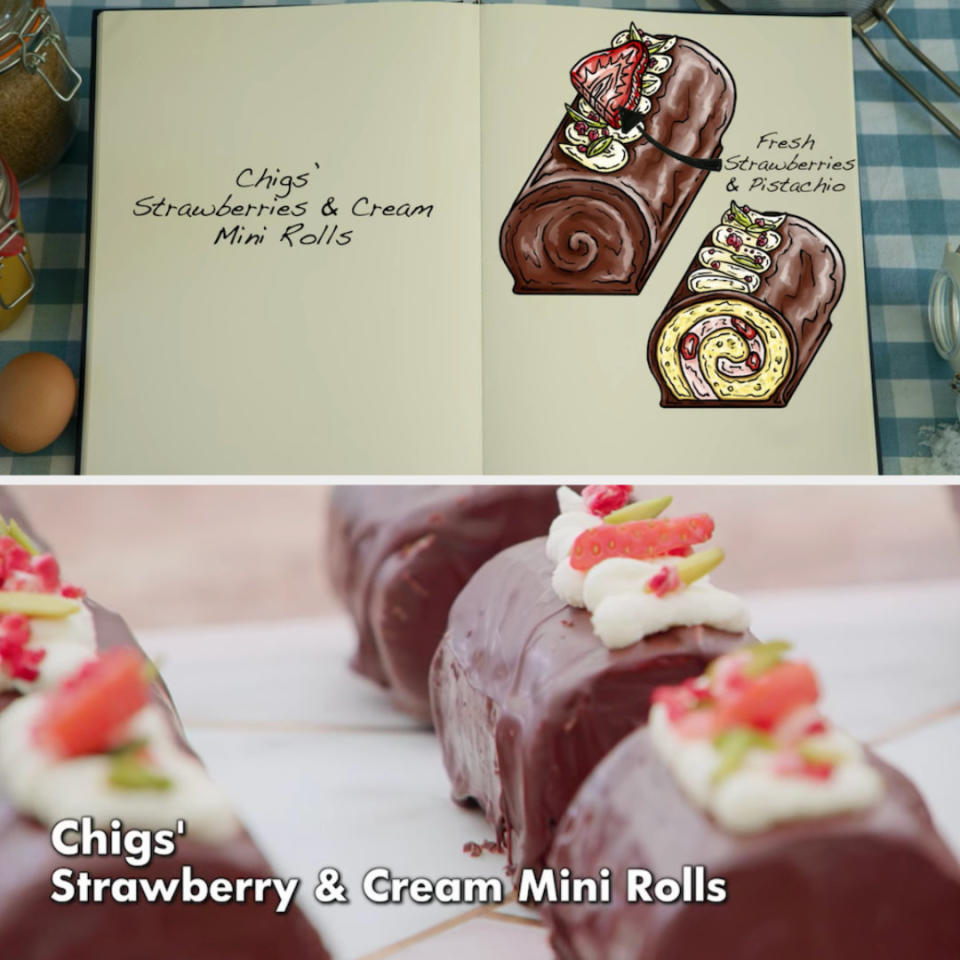 Chigs' mini rolls decorated with fresh strawberries and pistachio side by side with their drawing