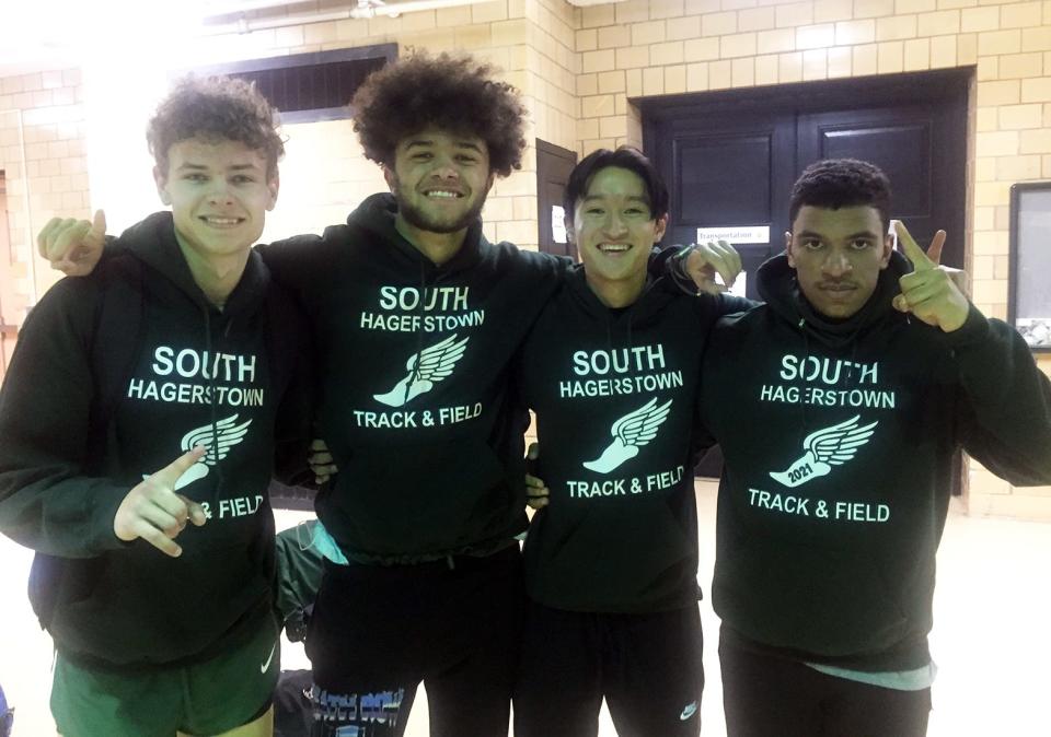 From left to right, South Hagerstown's Kaleb Dillow, Jacob Stoner, Lorenzo Decastro and Cole Schlotterbeck won the Class 3A boys 4x400 relay during the Maryland state indoor track and field championships on Feb. 17 at the Fifth Regiment Armory in Baltimore.