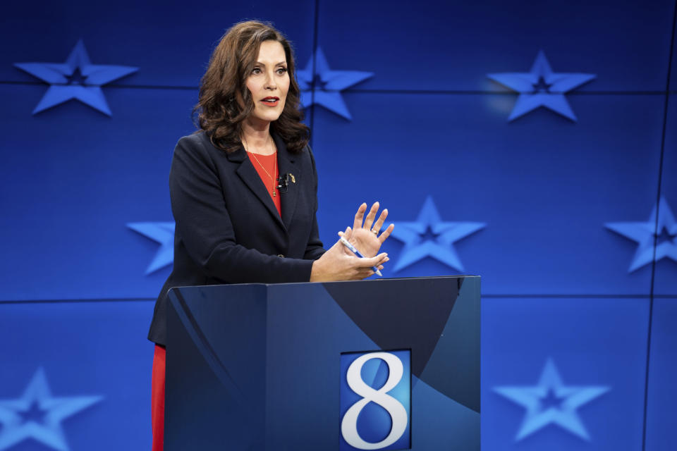 Democratic Gov. Gretchen Whitmer speaks during a Michigan Governor debate Thursday, Oct. 13, 2022, at WOOD-TV in Grand Rapid, Mich. (Bryan Esler/Nexstar Media Group/WOOD-TV via AP)