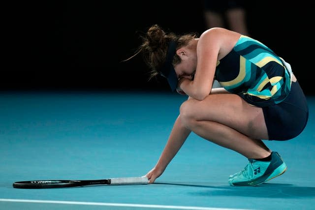 Linda Noskova reacts after defeating Iga Swiatek