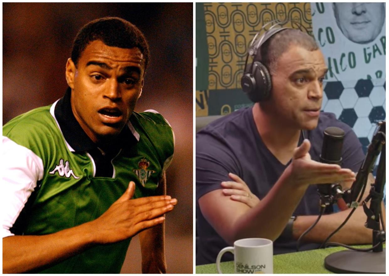 Denilson cuando jugaba en el Real Betis y presentando su propio programa. (Foto: Matthew Ashton / EMPICS / Getty Images / YouTube / Denilson Show).