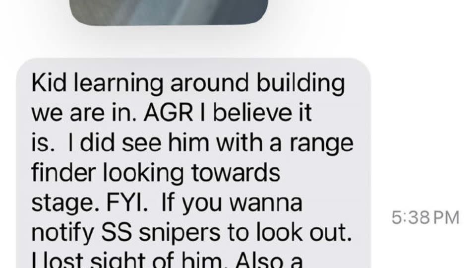 The Beaver sniper notes Crooks was using “a range finder looking towards the stage” and recommends that they notify Secret Service snipers to “look out." - Beaver Co. Emergency Services Unit via Sen. Charles E. Grassley