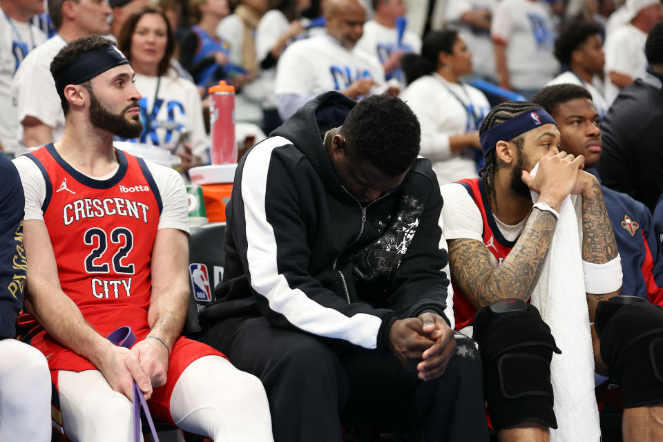 OKLAHOMA CITY, OKLAHOMA - APRIL 24:  Zion Williamson #1 of the New Orleans Pelicans reacts from the bench during game two of the first round of the NBA playoffs against the Oklahoma City Thunder at Paycom Center on April 24, 2024 in Oklahoma City, Oklahoma. (Photo by Jamie Squire/Getty Images)