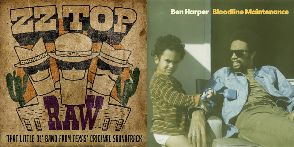 This combination of images shows album art for ZZ Top's new, 11-track live album,“Raw,” left, and Ben Harper's 11-track album “Bloodline Maintenance." (Shelter Records/BMG via AP, left, and Chrysalis Records via AP)