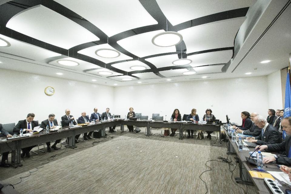 General view at the start of a meeting between UN Special Envoy for Syria Staffan de Mistura, second from right, and Syrian government delegation during Syria peace talks in Geneva, Switzerland, Tuesday, Feb. 28, 2017. (Xu Jinquan/Pool Photo via AP)