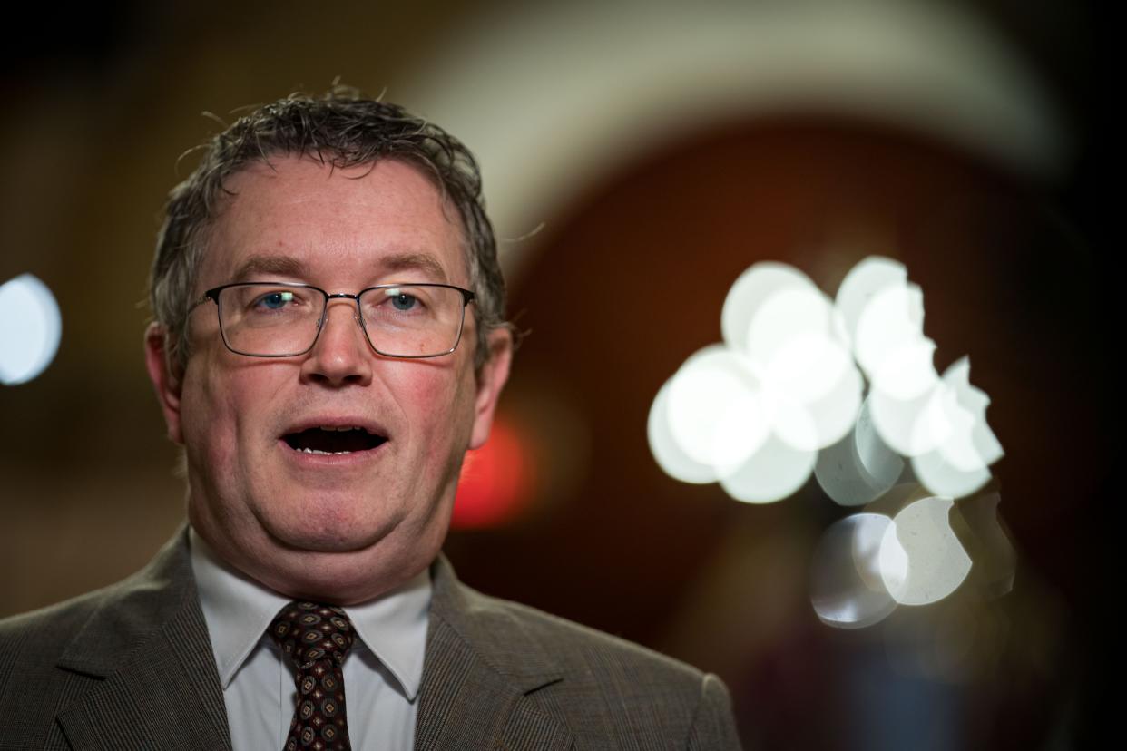 Rep. Thomas Massie, R-Ky., speaks during a TV interview at the U.S. Capitol on January 12, 2024 in Washington, DC.