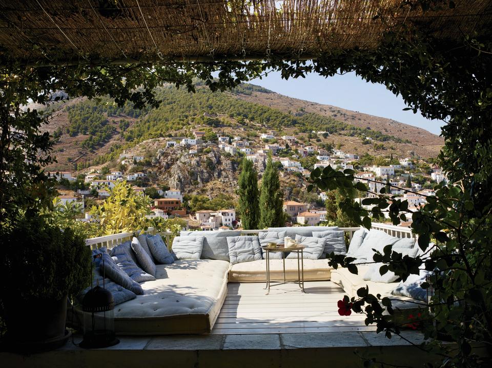 There’s plenty of room for lounging the days away at designer Tino Zervudachi’s Greek getaway.