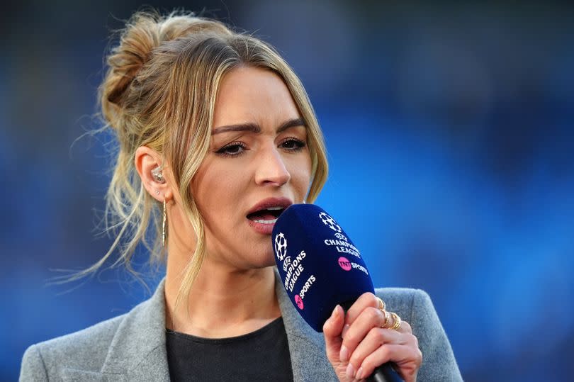 TNT Sports presenter Laura Woods during the UEFA Champions League quarter-final, second leg match at the Etihad Stadium, Manchester on April 17 2024