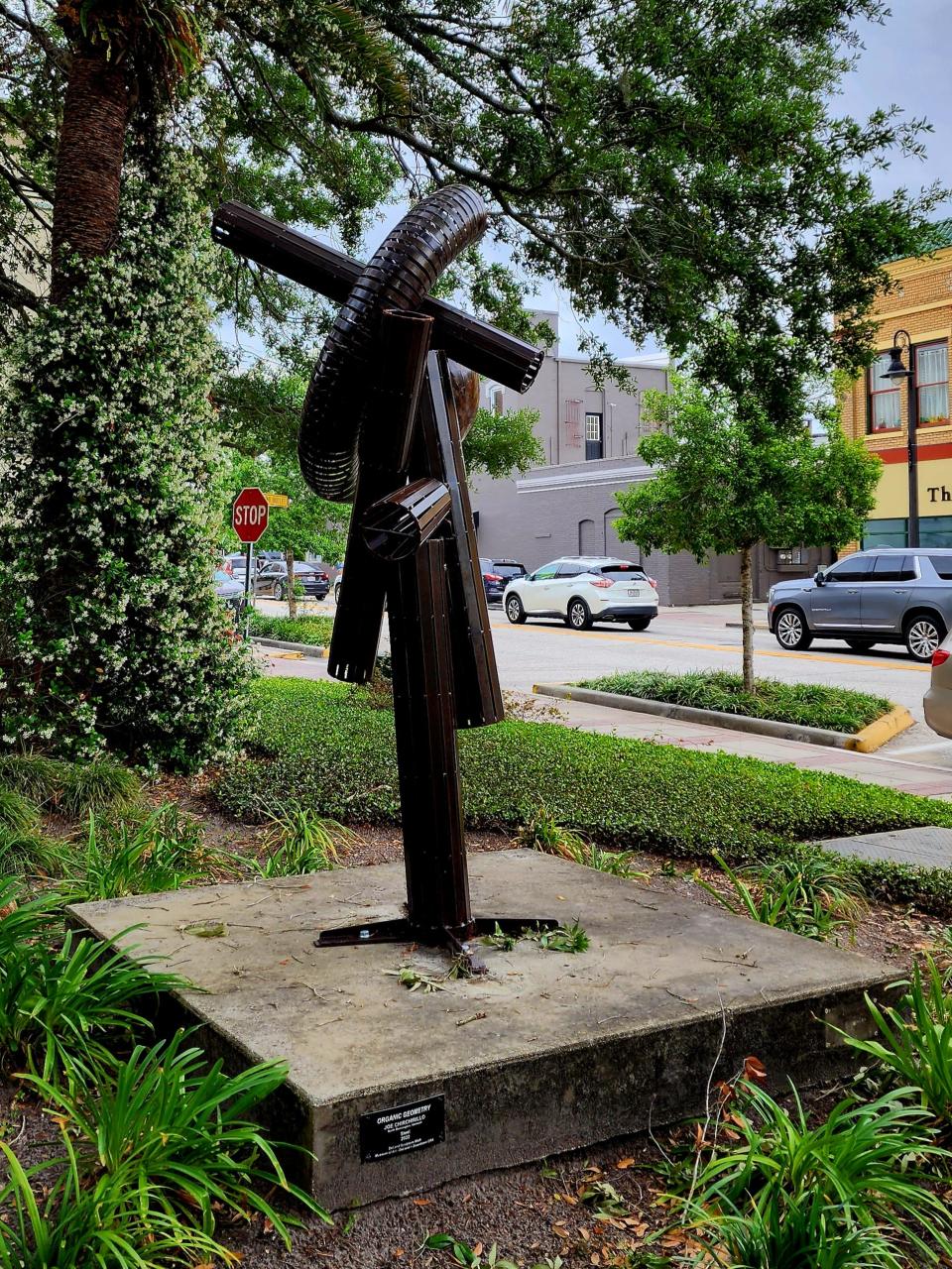 "Organic Geometry," a steel piece by Joe Chirchirillo, of North Bennington, Vermont, is pictured here next to Chess Park off West New York Avenue.