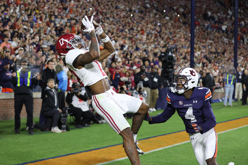 Alabama wide receiver Isaiah Bond scores the game-winning touchdown on Auburn on Saturday. (John Reed-USA TODAY Sports)