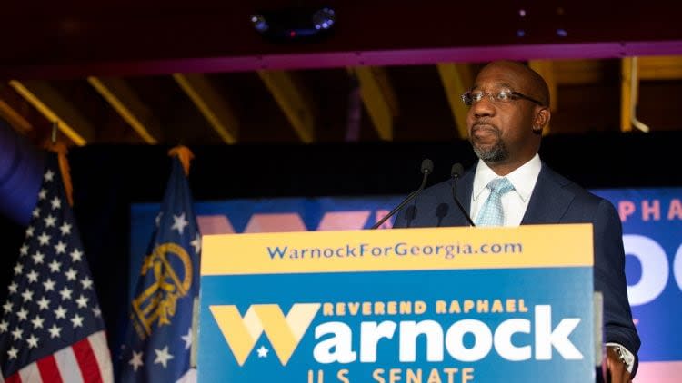 Democratic U.S. Senate candidate Rev. Raphael Warnock speaks during an Election Night event on November 3, 2020 in Atlanta, Georgia. (Photo by Jessica McGowan/Getty Images)