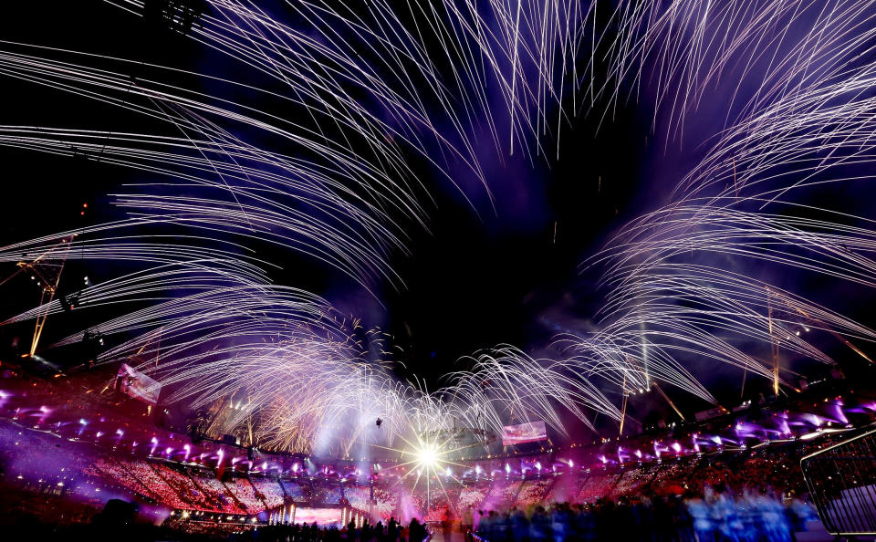 LONDON, ENGLAND - AUGUST 12: Fireworks explode over the stadium during the Closing Ceremony on Day 16 of the London 2012 Olympic Games at Olympic Stadium on August 12, 2012 in London, England. (Photo by Julian Finney/Getty Images)