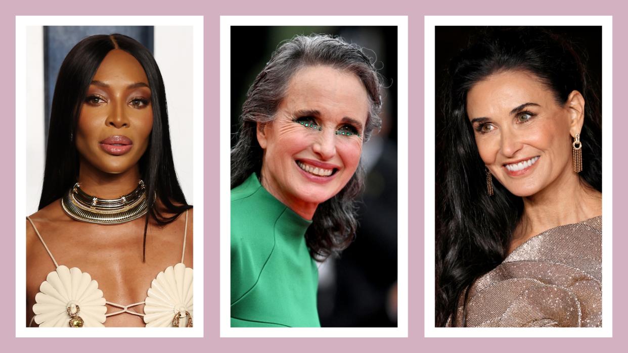  Naomi Campbell, Andy MacDowell and Demi Moore pictured with black hair looks / in a pink/purple template. 