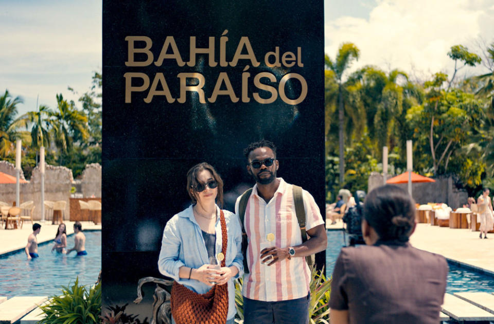 Cristin Milioti and William Jackson Harper pose for a photo at a resort