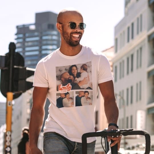 a model wearing a shit featuring a collage of family photos and text reading "Family time"
