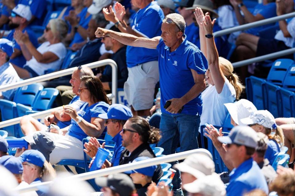 Kentucky fans celebrate a strikeout during the ninth inning of Friday’s win in the NCAA Tournament Lexington Regional at Kentucky Proud Park.