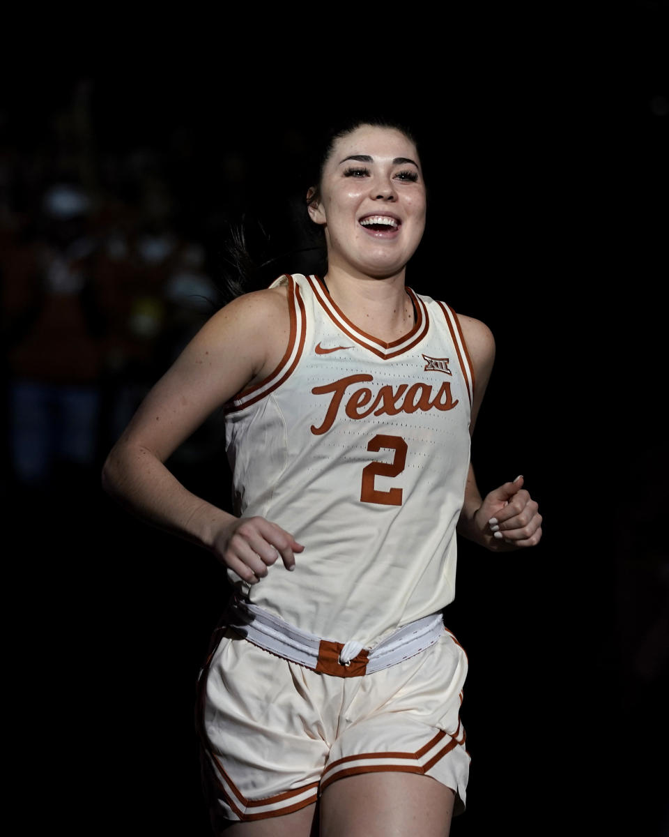 Texas guard Shaylee Gonzales is introduced before an NCAA college basketball game against Kansas State in the the Big 12 Conference tournament Friday, March 10, 2023, in Kansas City, Mo. (AP Photo/Charlie Riedel)