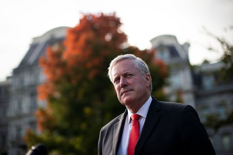 White House Chief of Staff Mark Meadows speaks to reporters following a television interview, outside the White House