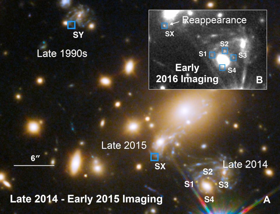 Multiple views of a single supernova – spread across time and space – allowed scientists to measure how fast the Universe is expanding. <a href="http://www.science.org/doi/10.1126/sciadv.abh1322" rel="nofollow noopener" target="_blank" data-ylk="slk:P.L. Kelly et al., Science 10.1126/science.abh1322 (2023);elm:context_link;itc:0;sec:content-canvas" class="link ">P.L. Kelly et al., Science 10.1126/science.abh1322 (2023)</a>, Author provided