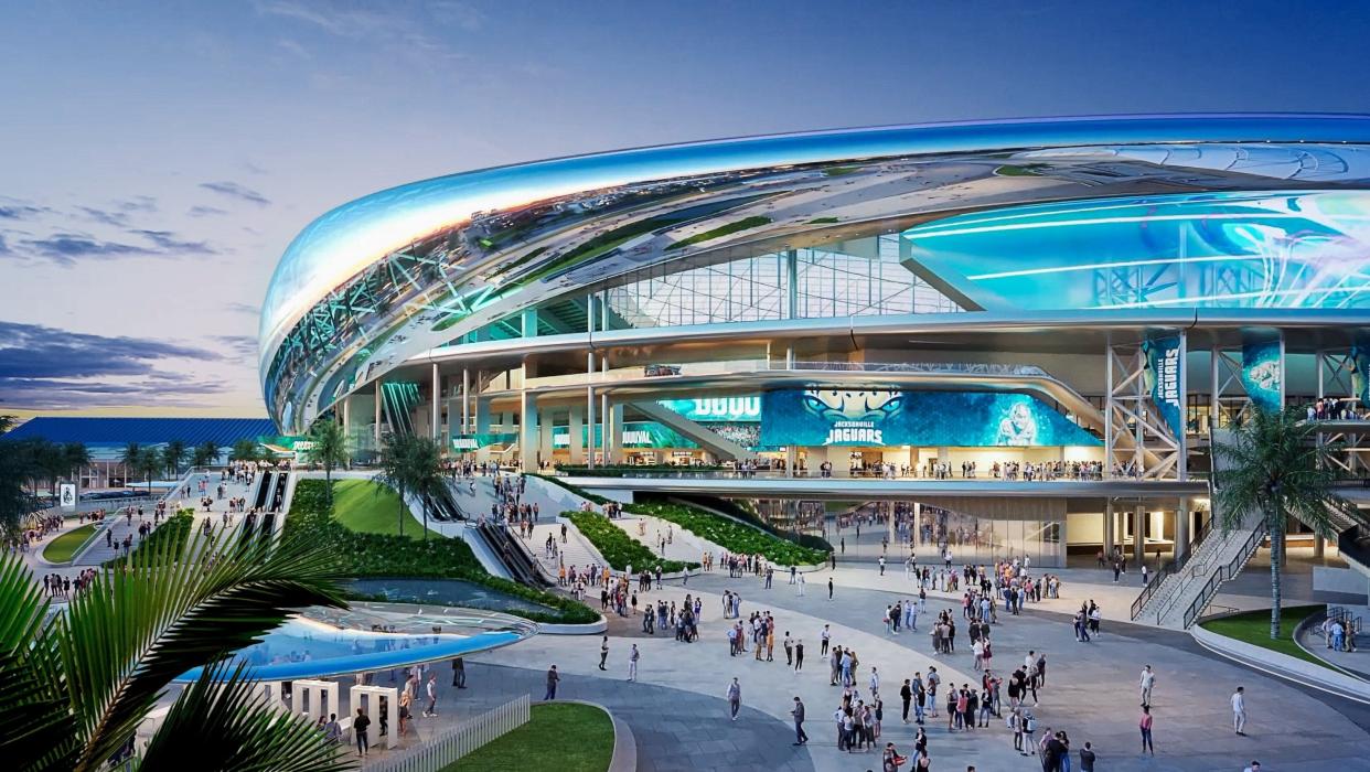 An artist rendering of the proposed renovations to EverBank Stadium shows how fans would enter the "stadium of the future" through a subtropical Floridian park, leading them to the main concourse some 30 feet above the ground.