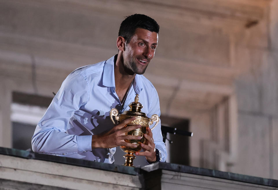 Novak Djokovic (pictured) celebrates with the Wimbledon trophy.