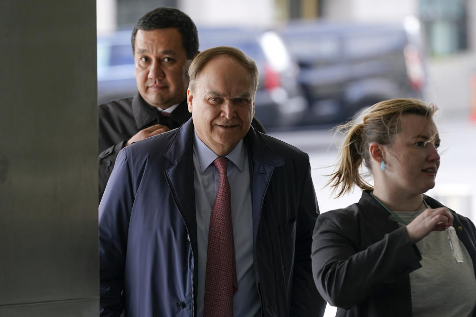 Anatoly Antonov, center, Russian ambassador to the United States, arrives for a meeting with Assistant Secretary of State for Europe Karen Donfried at the U.S. State Department in Washington, Tuesday, March 14, 2023. The U.S. military said a Russian warplane struck the propeller of a U.S. drone over the Black Sea, causing America forces to bring the unmanned aircraft in international waters. (AP Photo/Patrick Semansky)