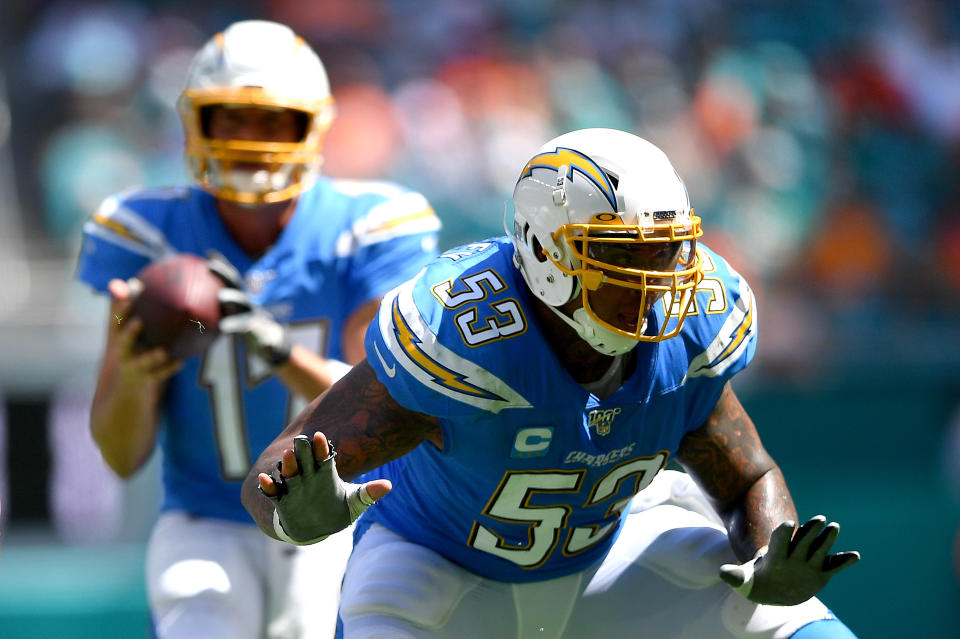 MIAMI, FLORIDA - SEPTEMBER 29: Mike Pouncey #53 of the Los Angeles Chargers in action in the third quarter against the Miami Dolphins at Hard Rock Stadium on September 29, 2019 in Miami, Florida. (Photo by Mark Brown/Getty Images)