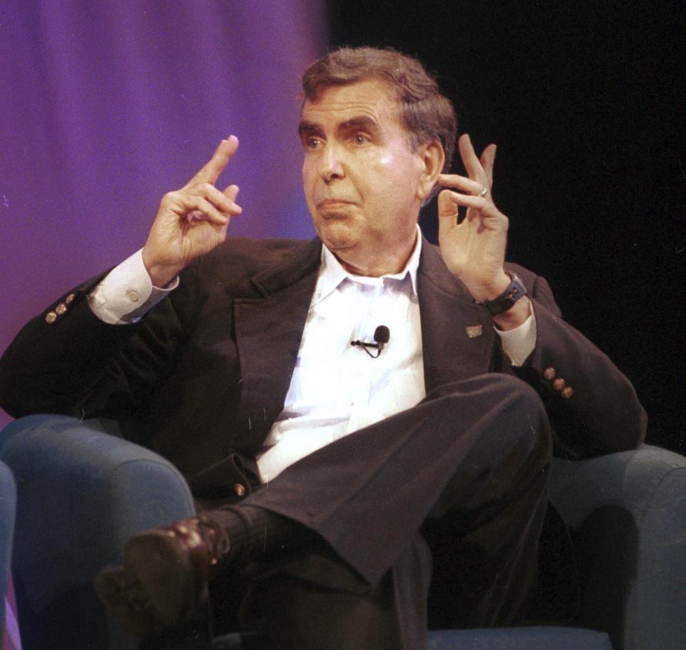 FILE - Gerald Levin, of Time Warner, speaks on a panel at the opening of The National Cable TV Association convention, Monday, May 8, 2000, in New Orleans. Levin, who led Time Warner Media into a disastrous $112 billion merger with the internet provider America Online, died Wednesday, March 13, 2024. He was 84. (AP Photo/Cheryl Gerber, File)